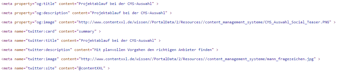 Auszug aus dem Quelltext - Metadaten für soziale Netzwerke