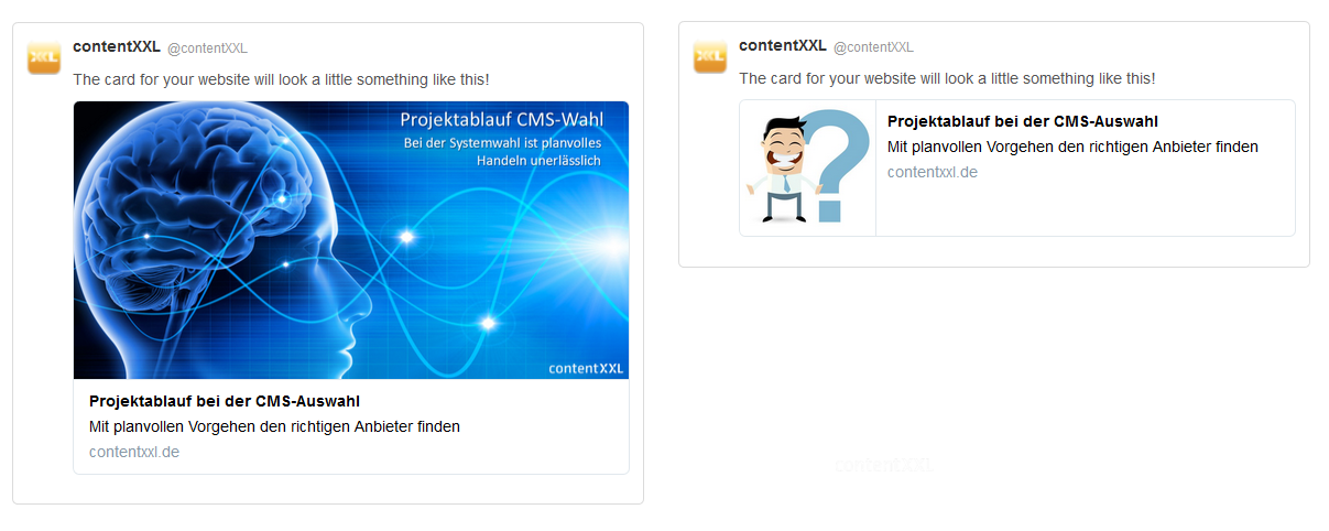 Abbildung der Twitter:Cards "summary large image" und "summary"