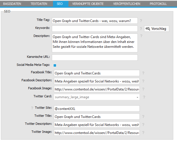 Screenshot contentXXL CMS - Social Media Meta-Tags für Inhalte vergeben