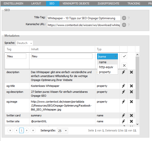 Screenshot contentXXL CMS - Social Media Meta-Tags für Seiten vergeben